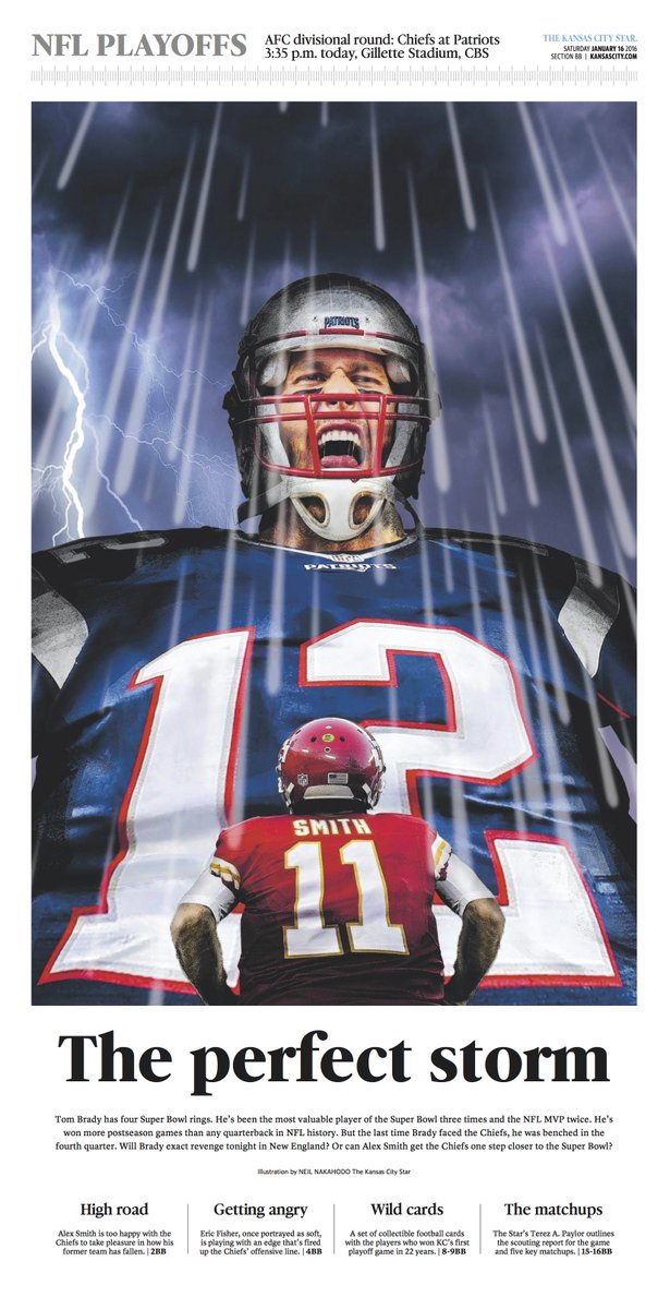 jeffpattOKC's tweet photo. Saturday's @KCStar #Chiefs cover: Tom Brady and #Patriots (@Magnusichi illo) @APSE_sportmedia https://t.co/eMXdqqpZ83