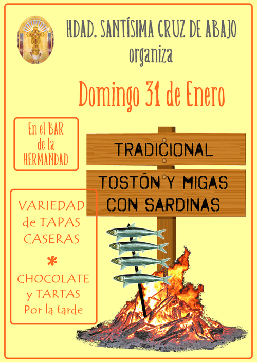 CruzAbajoPater's tweet photo. Domingo 31 de enero: TRADICIONAL TOSTÓN Y MIGAS CON SARDINAS. Os esperamos a todos! https://t.co/4cJ462dzFI