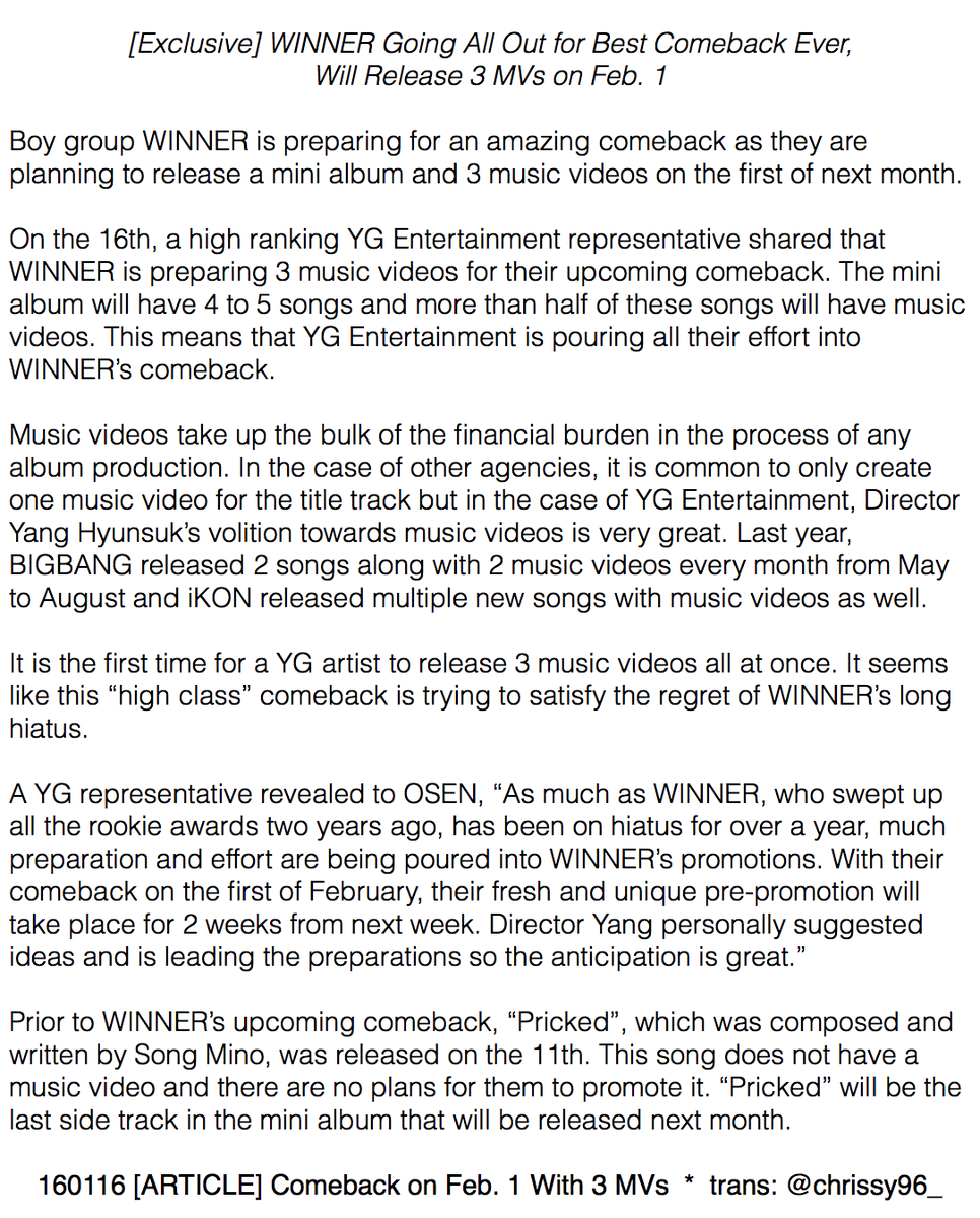 chrissy96_'s tweet photo. [ARTICLE+COMMENTS TRANS] 160116 #WINNER Comeback on Feb.1 With 3 MVs
https://t.co/UEypX9RzoE https://t.co/1QwR4W0tif