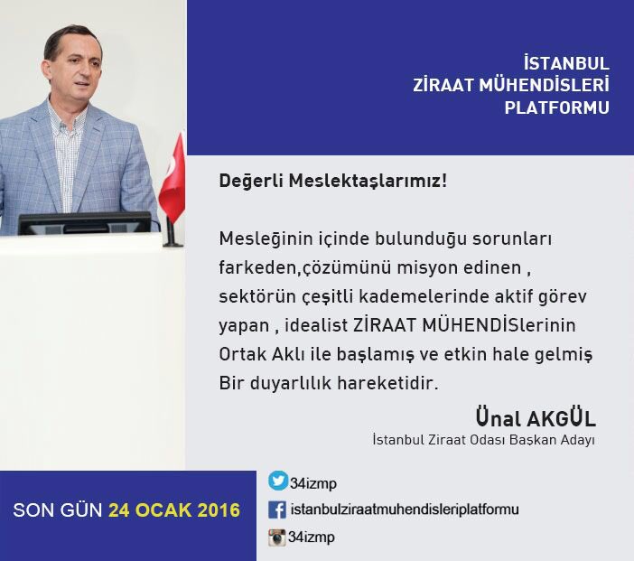 #ZiraatMühendisiÜnalAkgül 
İstanbul Ziraat Odası seçimlerinde başarılar dilerim