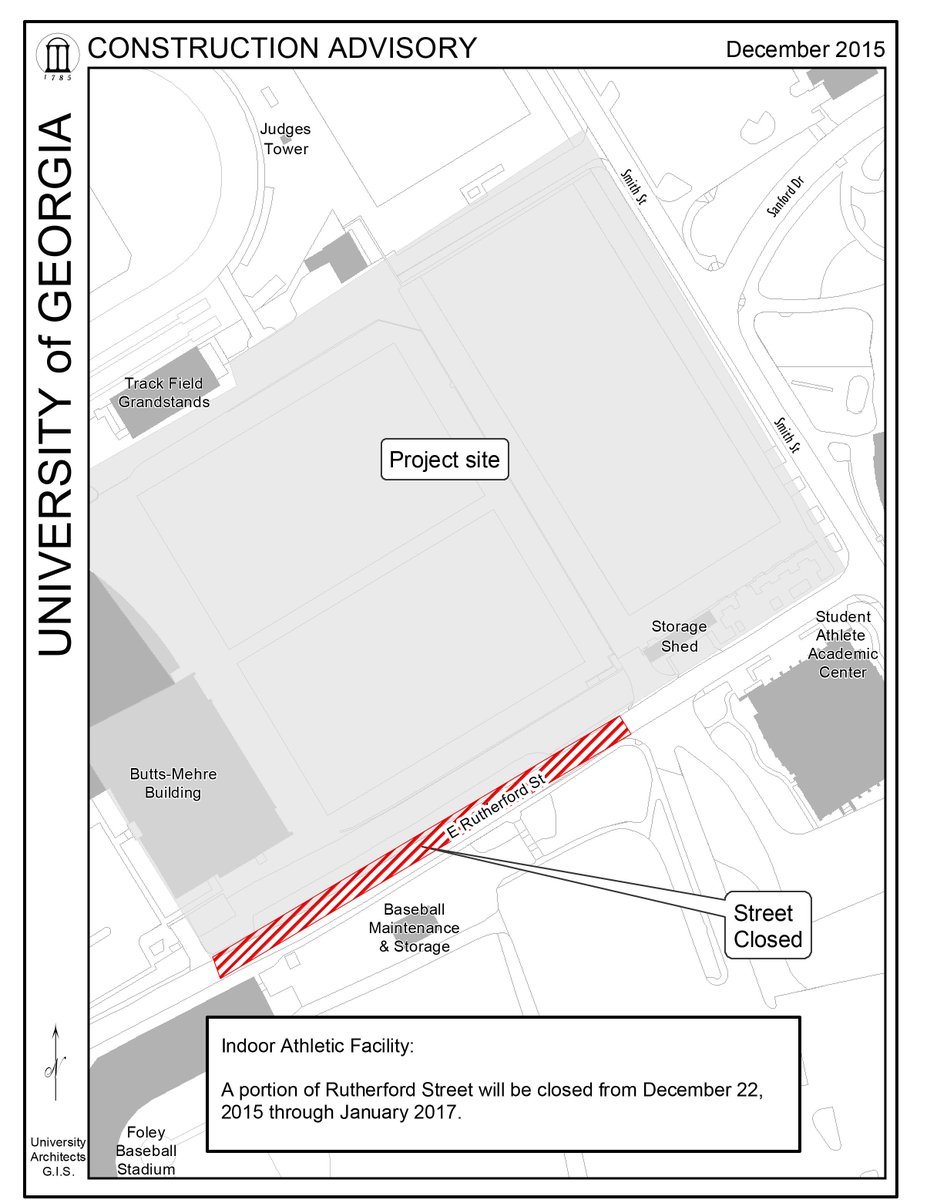 UGAAthletics's tweet photo. @UGABasketball Fan Reminder: Rutherford Street is closed due to construction of the IAF. The sidewalk is open. https://t.co/6tn8LBbBxy