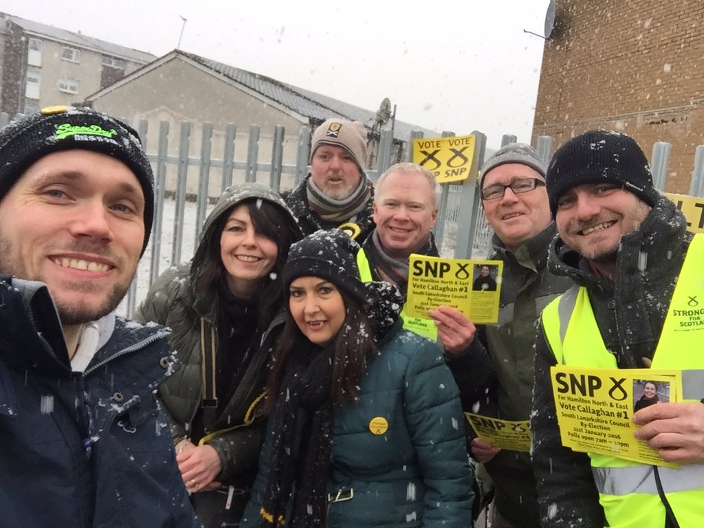 DerecThompson's tweet photo. Great #activeSNP in ❄️Hamilton❄️ today to get @StephySNP elected on Thursday. Even the #SNPdogs were doing their bit https://t.co/Ta41AYHVrR