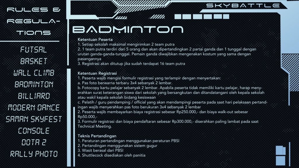 Bulutangkis-Lovers (@bulutangkisbl) on Twitter photo Badminton competition Skybattle 2016, for you to join.
For more information:
Kara (081514705078)
<a href="/skybattle2016/">SKYBATTLE 2016</a> Badminton competition Skybattle 2016, for you to join.
For more information:
Kara (081514705078)
<a href="/skybattle2016/">SKYBATTLE 2016</a>