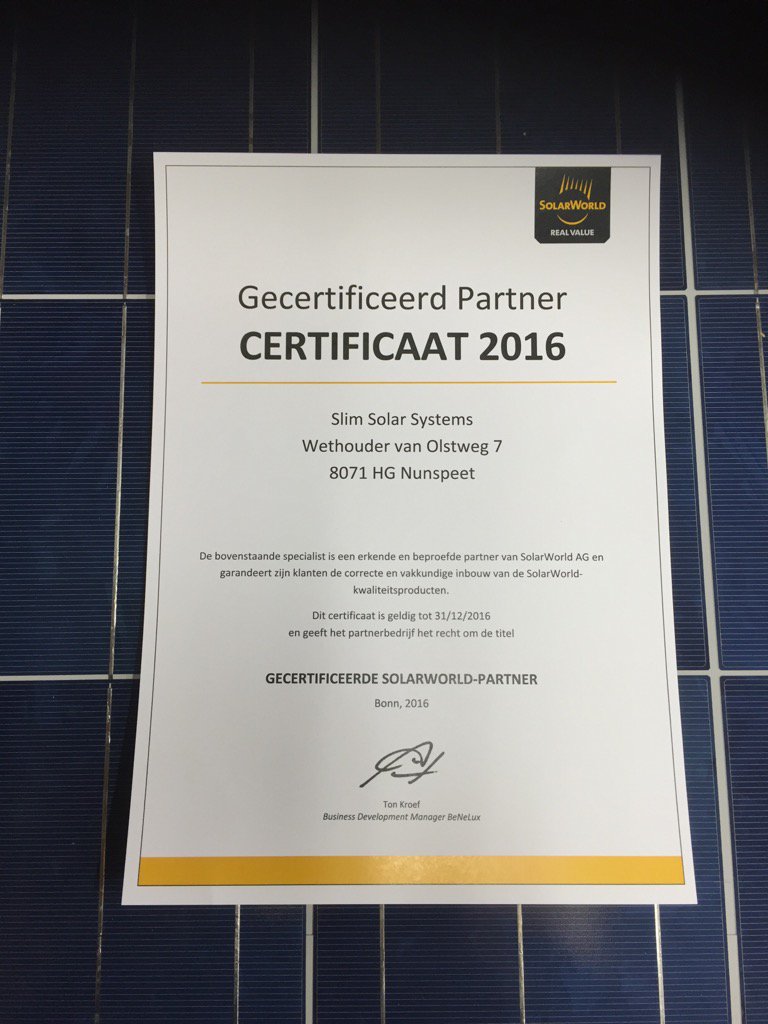 Ook in 2016 zijn wij weer gecertificeerd partner van Solarworld #zonnepanelen