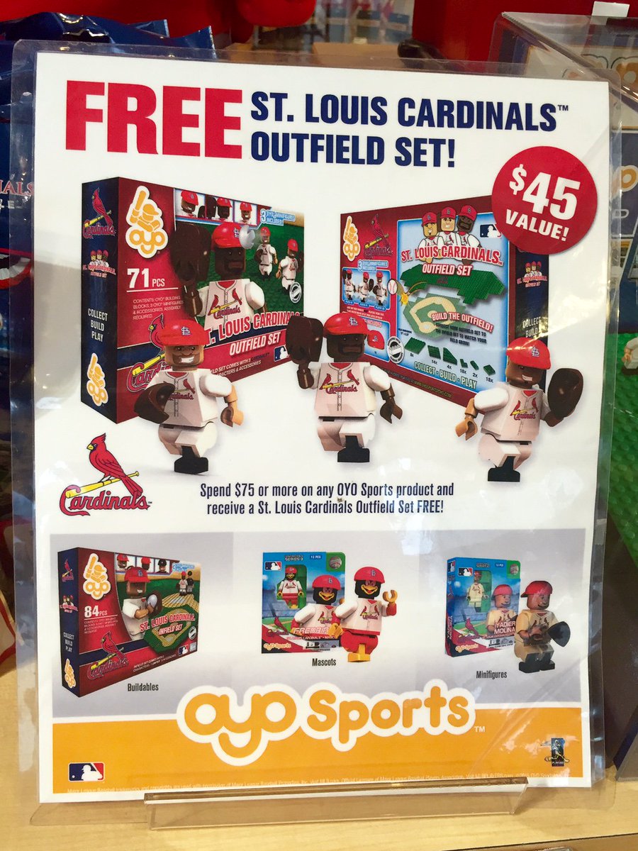 Cardinals's tweet photo. All weekend long, spend $75 or more on any OYO product at the #BuschStadiumTeamStore & get this outfield set FREE! https://t.co/Nlb6f5kuhS