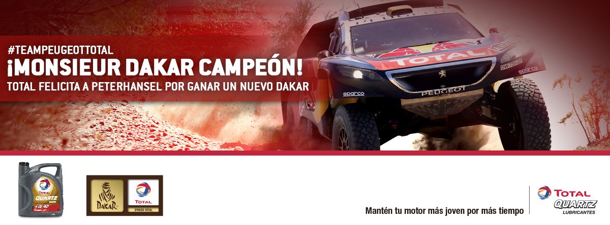 TotalEnergiesAR's tweet photo. #Dakar2016 ¡ @s_peterhansel lo hizo otra vez! ¡Ganó su 12º título! ¡Felicitaciones! #TeamPeugeotTotal https://t.co/Jh3sEjNl1q