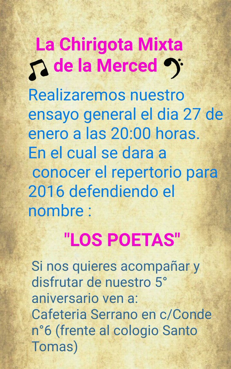 El día 27 de enero a las 20:00h se llevará a cabo nuestro ensayo general en la cafetería Serrano en C/Conde nº6