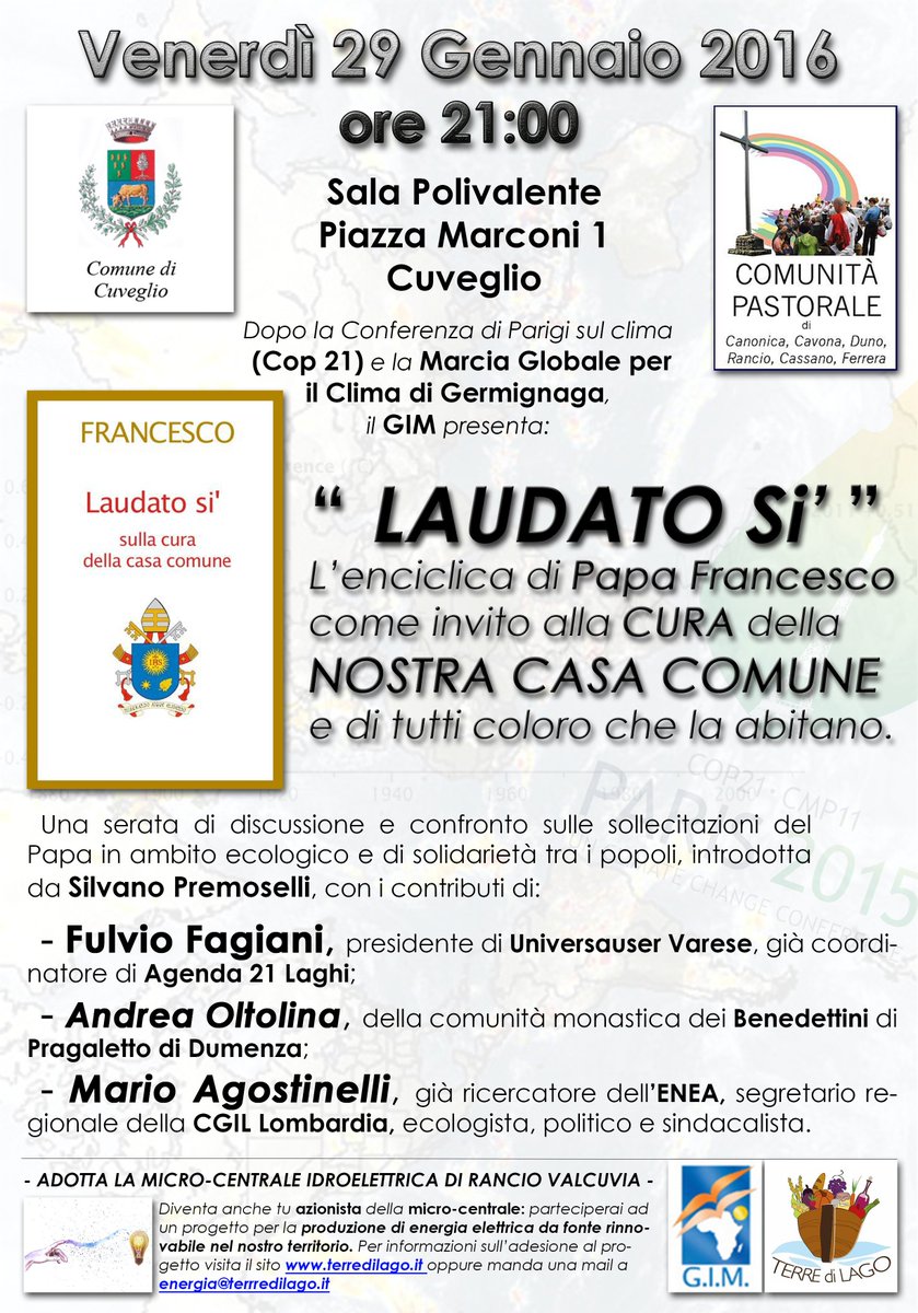 "Laudato Si'": Una serata di discussione e confronto sulle sollecitazioni del Papa in ambito ecologico