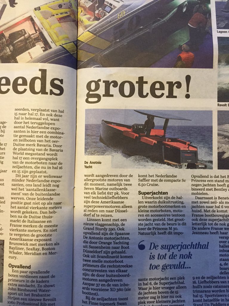 72okke's tweet photo. De Antonio yachts Vandaag in de telegraaf #VaarTV #boot2016 #vaarkrant https://t.co/UBeCyS6dCN