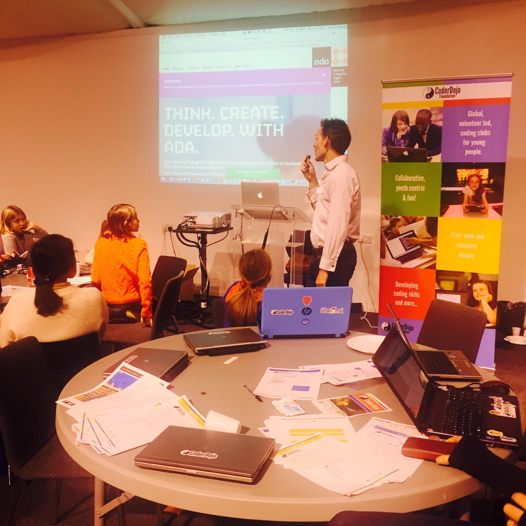 CeliaFrancis's tweet image. Tom from Ada College @CoderDojoLondon talking to girl coders. Named for Ada Lovelace. Cool.