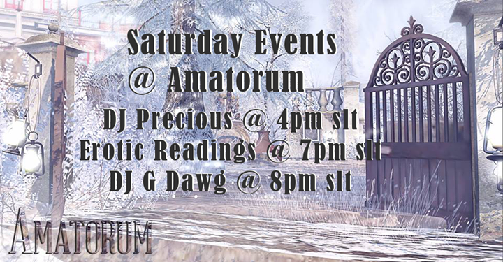 AmatorumSL's tweet photo. Saturday Events AmatorumSL
DJ Precious @ 4pm slt
Erotic Readings @ 7pm slt
DJ G Dawg @ 8pm slt https://t.co/j4JLWk8SqQ