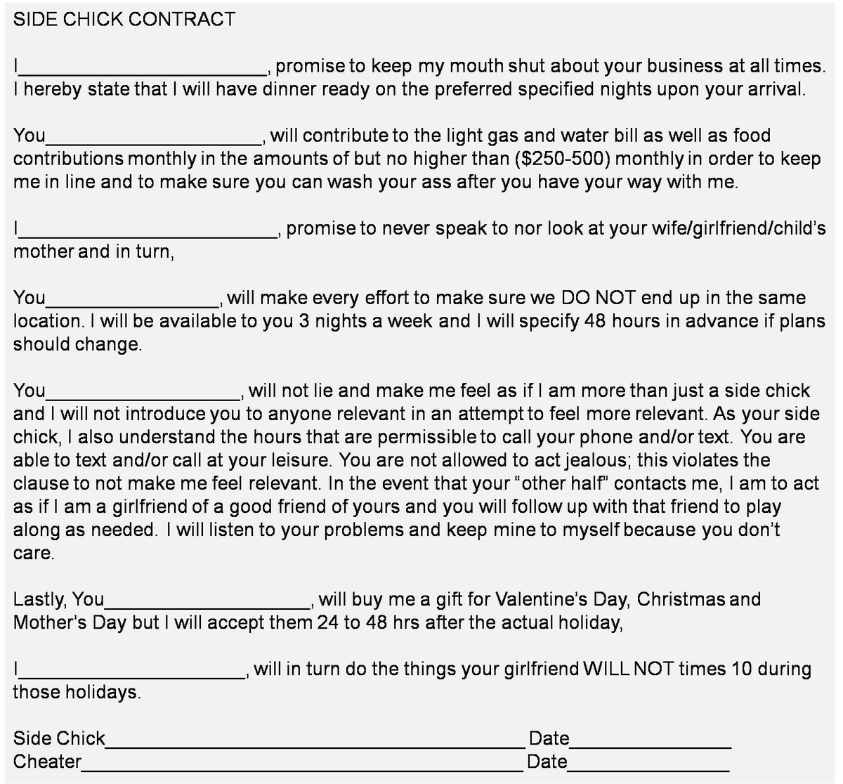 sonya menssen on twitter the official side chick contract fellas
