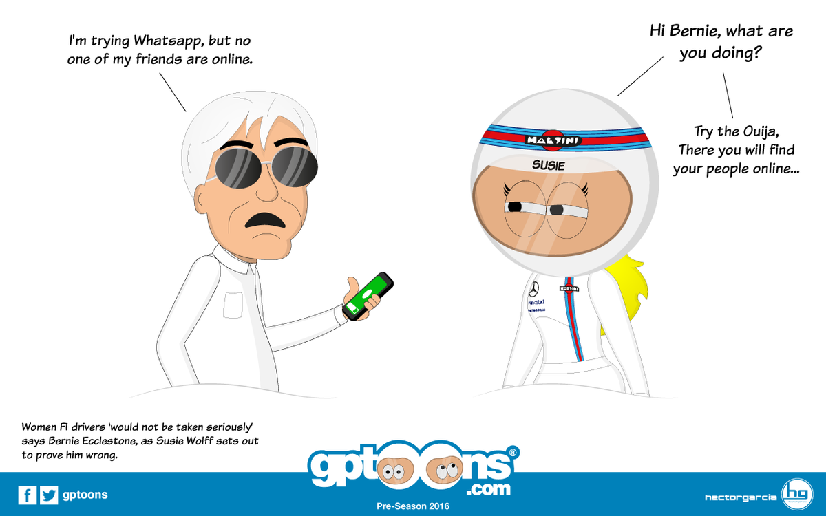 gptoons's tweet photo. The impasse between Bernie &amp; @Susie_Wolff #F1 #gptoons @JVilladelpratF1 @LeeMcKenzieTV @TataCalde @BILD_Formel1 https://t.co/gNJYHNyPCL