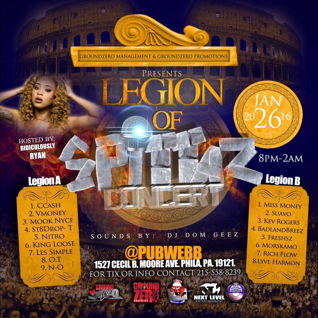 GzmManagement's tweet photo. #LegionOfSpittaz Jan 26th at Pub Webb 8pm-2am Tix $10. #GroundZeroManagement #GroundZeroPromotions https://t.co/ctjXwNK7Jw
