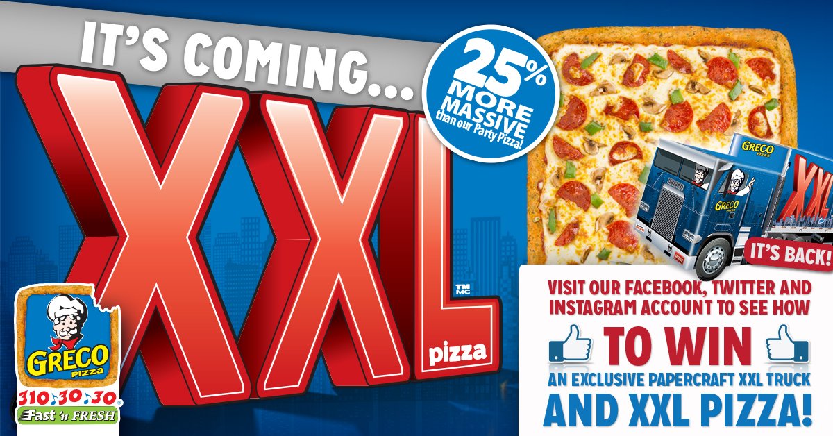 Greco_Pizza's tweet photo. RT &amp; follow to win an XXL Pizza! Last day of giveaways! They're back next week...so we're celebrating! #GrecoXXL https://t.co/cCXn6h0YCV