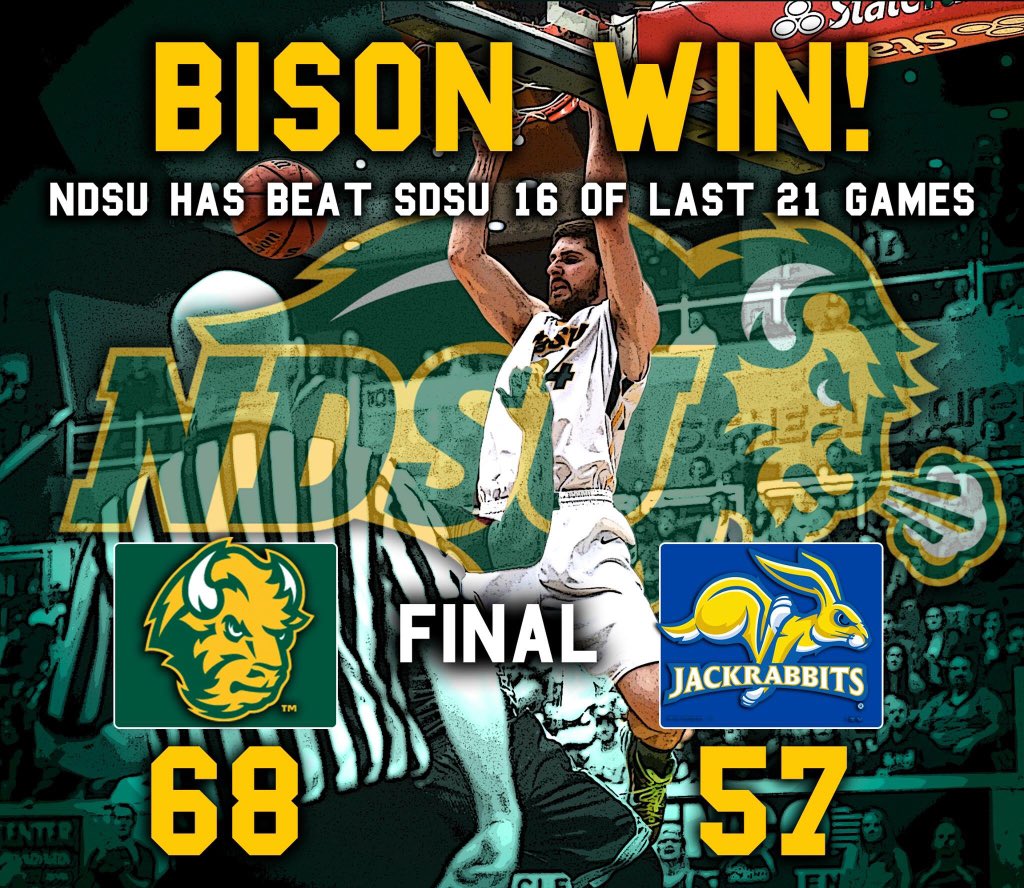 RT to share the W and spread the word about the HERD!

NDSU defeats SDSU 68-57 for 16th win in last 21 vs the Jacks.