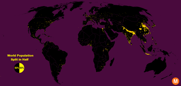 conradhackett's tweet photo. Half of the world's people live in the yellow areas, half live in the black areas

https://t.co/pmrjhJ6QFH https://t.co/pShaLmvTZ5