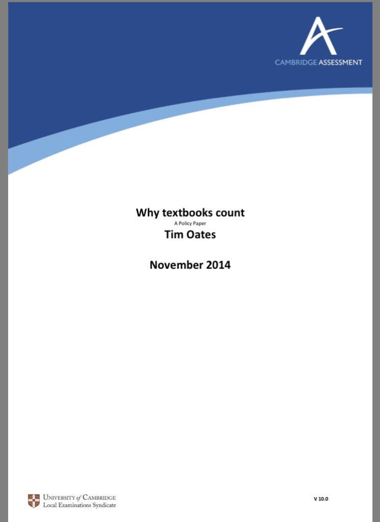 TeacherToolkit's tweet photo. Why Textbooks Count by Dr Tim Oates, undersigned by @NickGibbMP > with a few stats from Finland &amp; Singapore #SLTchat https://t.co/vj7qrDpdWF