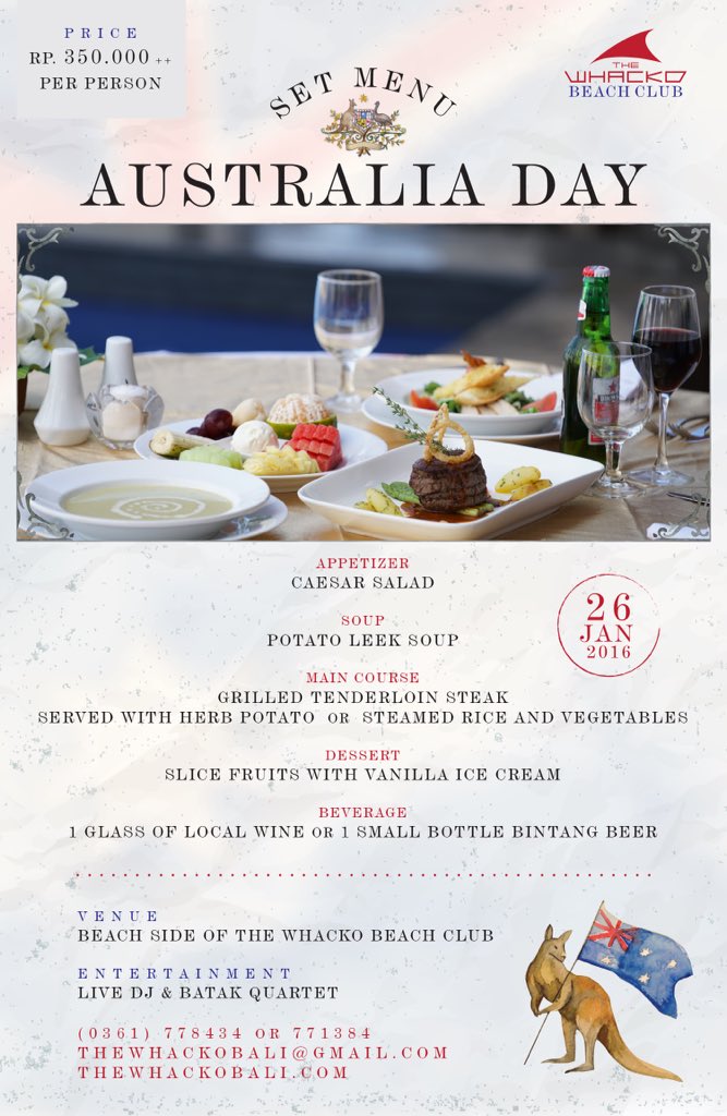 Let's celebrate the Australia Day 2016 at <a href="/thewhackobeach/">TheWhacko Beach Club</a> 
Book your table now!
#AustraliaDay #AustraliaDay2016