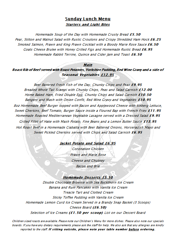 Todays Lunch Menu
Not many spaces left in restaurant so book quickly
01243512284
