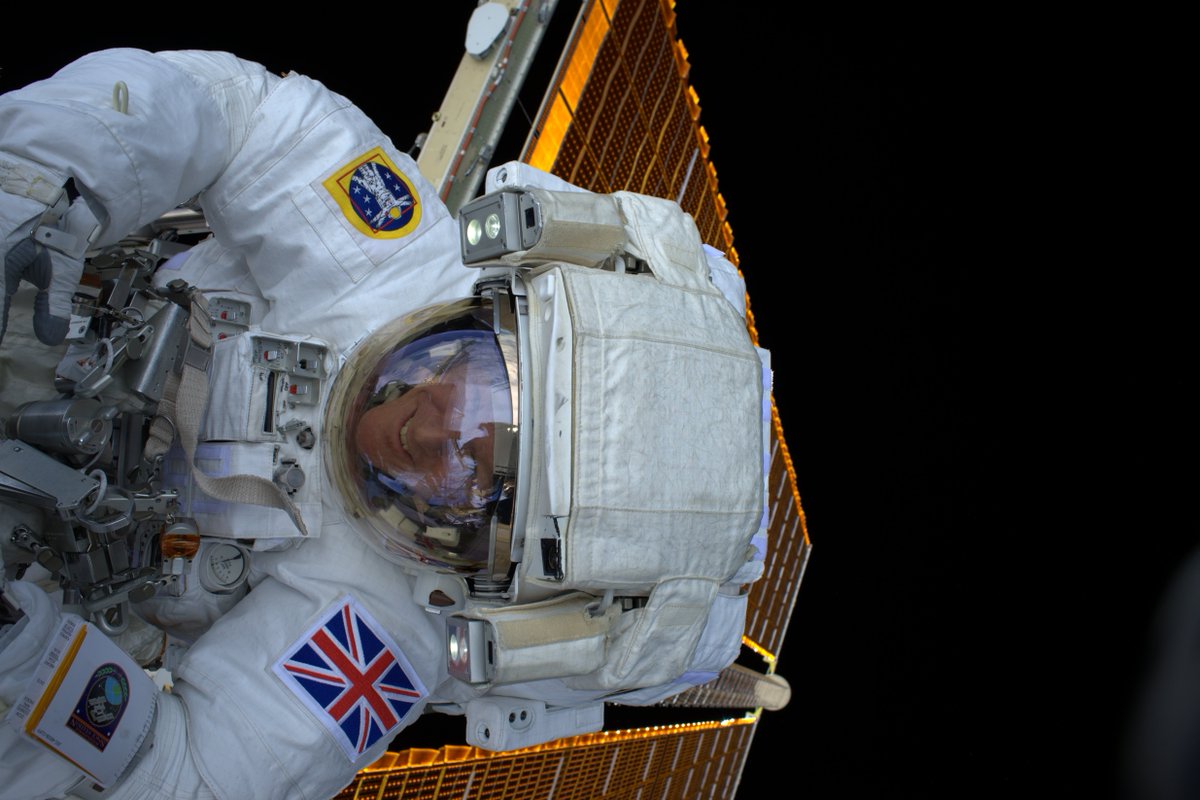 astro_timpeake's tweet photo. Perched on the farthest handrail on @Space_Station. To my right was nothing but vast blackness of space #spacewalk https://t.co/HzQHyq6BgL