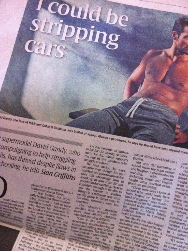 Piece in #SundayTimes on <a href="/DGandyOfficial/">David Gandy</a> &amp; his support for our charity <a href="/AfA_Education/">Achievement for All</a> has made my day! Pg8 News Rev