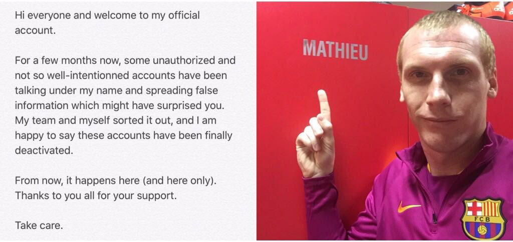 Facebook : iamjeremymathieu 
Twitter : <a href="/iamathieujeremy/">Jérémy Mathieu</a>
Instagram : <a href="/iamathieujeremy/">Jérémy Mathieu</a>
<a href="/FCBarcelona/">FC Barcelona</a> <a href="/equipedefrance/">Equipe de France ⭐⭐</a>