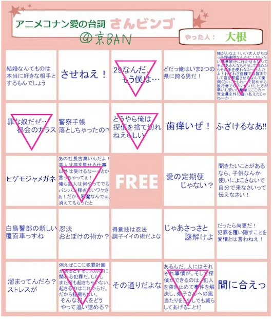 大根 だいこん アニコナ愛の台詞ビンゴも同じく京banさん Kyouban 好みで絞りに絞ると穴が開かないが楽しすぎて大満足 確認も兼ねて見直したら犯人や特徴的な台詞だけでなく 人物に面白い肉付けしてる んだなと あとコナンが人間なんだよな 人間