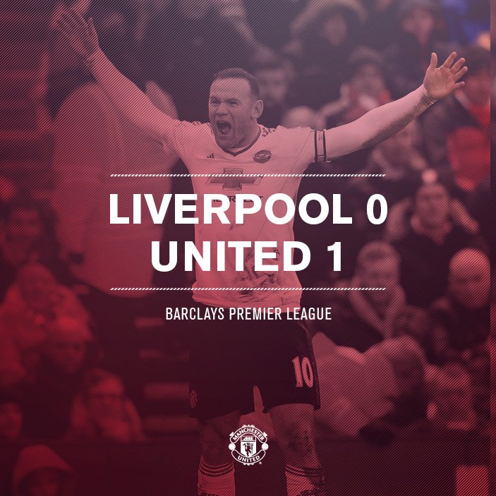 ManUtd's tweet photo. FT: Liverpool 0 #mufc 1. Yes! @WayneRooney's late goal clinches a sweet win at Anfield for United. #WinningInWhite https://t.co/pBVQ94N5Fp