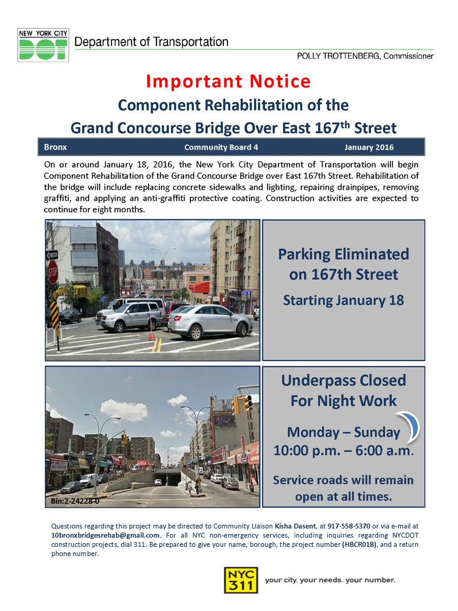 nyc dot on twitter beginning mon 1 18 grandconcourse bridge underpass at east167thst will be closed nightly no parking on 167thst https t co m6yj9j1i4m twitter