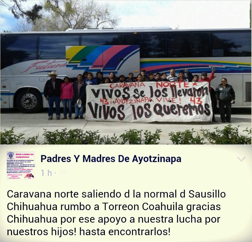 AyotzinapaFeed's tweet photo. RT _markgerard: RT Loe_25sept: #Ayotzinapa
La Caravana Norte sale de Chihuahua rumbo a Coahuila.
Gracias Normal Ru… https://t.co/O6Gpdzf0Db