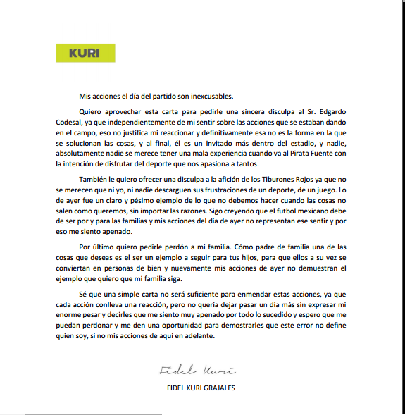 redes_TUDN's tweet photo. Fidel Kuri Grajales, propietario de Veracruz, pide disculpas a Codesal, afición y su familia, mediante carta. https://t.co/811rQ6AkBM