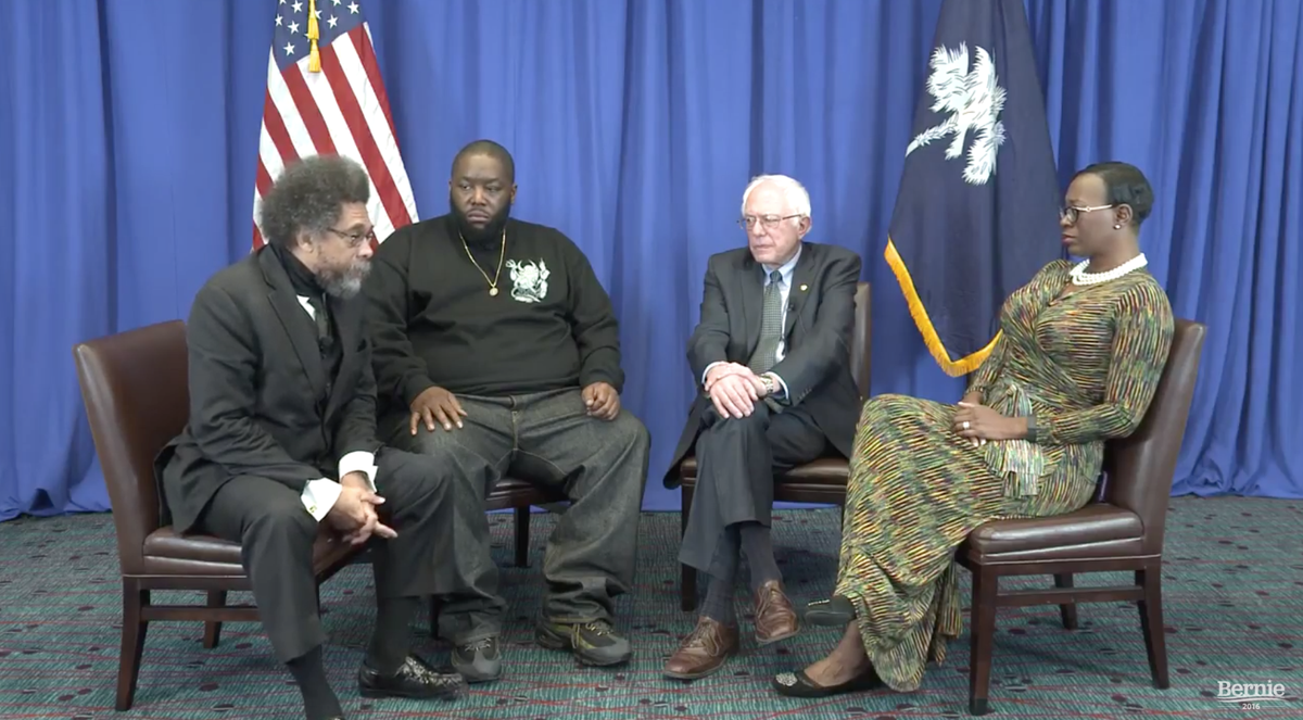 BernieSanders's tweet photo. Happening now. Bernie, Senator Turner, Killer Mike and Dr. Cornel West LIVE: https://t.co/ofIKpmqeee https://t.co/2JQqr8EiPh