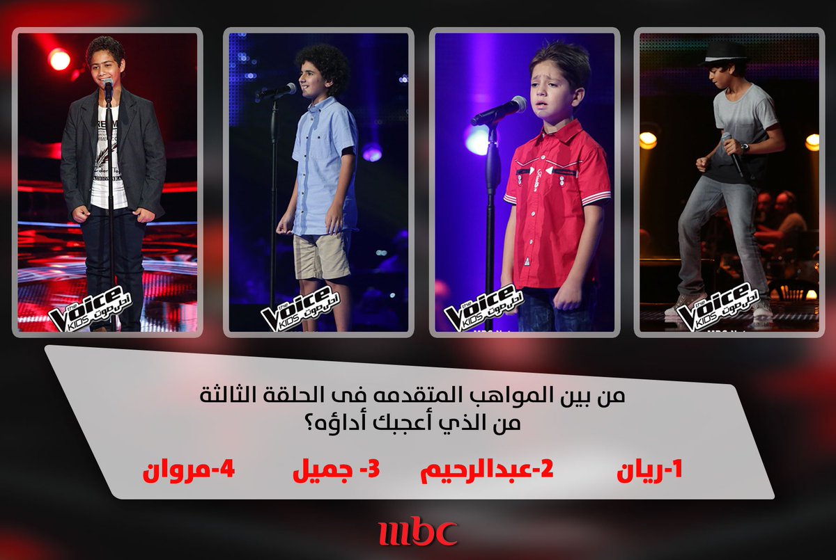 1-ريان
2-عبدالرحيم
3-جميل
4-مروان
#MBC1 <a href="/MBCTheVoiceKids/">MBC THE VOICE KIDS</a>