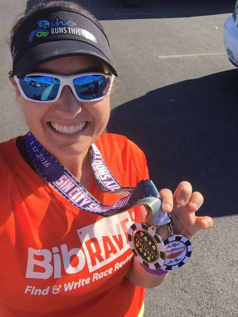 LaurelECole's tweet photo. Had a blast at @sincityrun double your luck challenge and PR'd for my 10k! #SinCityRun #bibchat #bibravepro https://t.co/0275aK3I7O