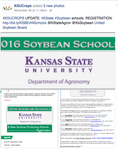 ICiampitti's tweet photo. #KSUCROPS UPDATE: 2016 #KState #Soybean Schools Jan 25-29. REGISTER: https://t.co/9fzNPeKSwL @KStateAgron @KsSoybean https://t.co/X97xofZjLs