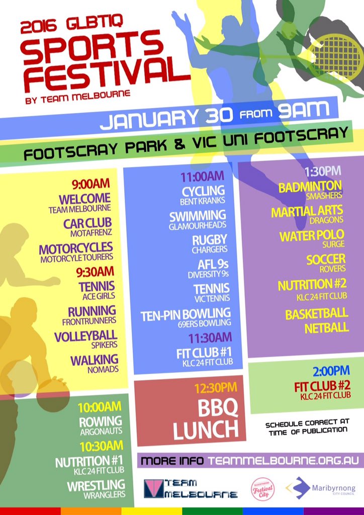 Here's the schedule for the <a href="/teammelbourne/">Team Melbourne</a> Sports Festival this @midsumma, what a great way to try some new sport!