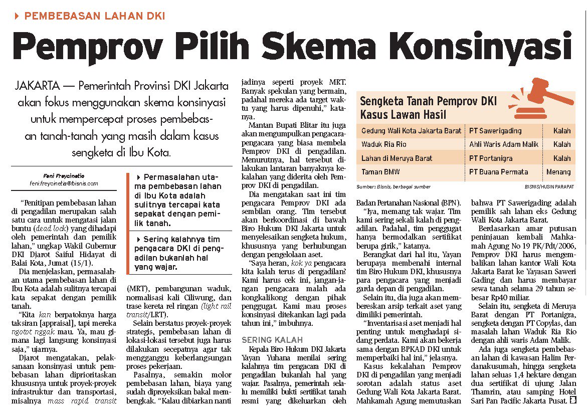 atr_bpn's tweet photo. Pemprov Pilih Skema Konsinyasi
(Bisnis Indonesia, 16/1, Hal 10)
#BeritaATRBPN cc @TheOfficialFMB https://t.co/OGUxHfbDsn