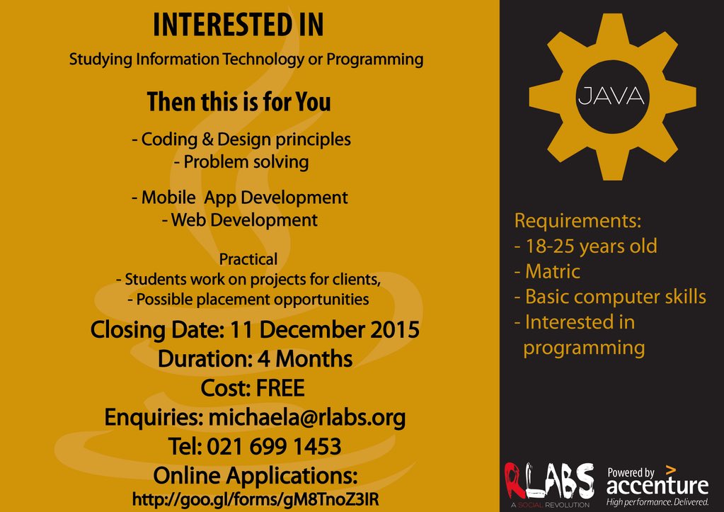 Great opportunity for Matriculants who want to learn how to code. FREE course offered by <a href="/RLabs/">RLabs</a> in <a href="/CapeTown/">ᑕᗩᑭE TOᗯᑎ</a>