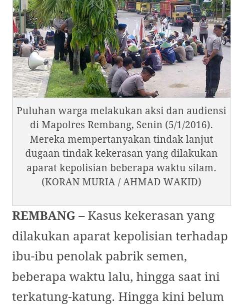 Penganiayaan Ibu2 Penolak Pabrik Semen Terkatung-katung Warga Geruduk Polres #Rembang koranmuria.com/2016/01/05/269… #Lasem