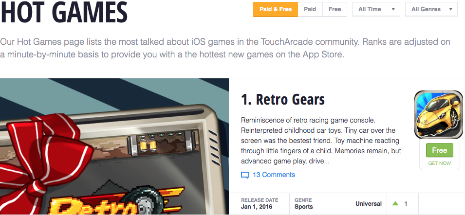 leinus_soft's tweet image. RETRO GEARS has been selected
No.1 Hot Game in TouchArcade  goo.gl/oMxYoG 
#gamedev #indiedev #IndieGame