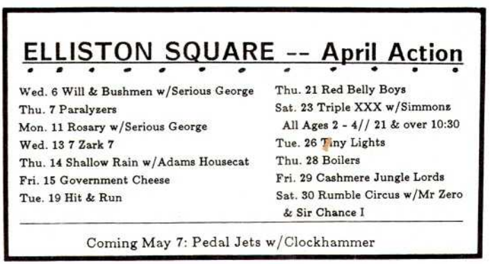 April 1988 Elliston Square. Will &amp; The Bushmen, @GovtCheeseBand, Simmonz. Mercy. #Nashville #rockblock