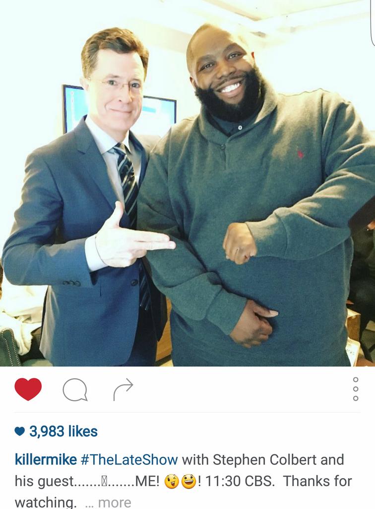 KUMITEofRap's tweet photo. Watch @KillerMike on @colbertlateshow. https://t.co/ERz9U1jwUZ