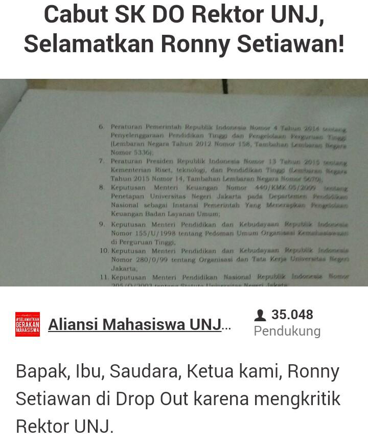 Bantu Ketua BEM UNJ yg diberhentikan krn kritik kebijakan Rektorat dg isi PETISI chn.ge/1n3iVtN
#SaveRonny