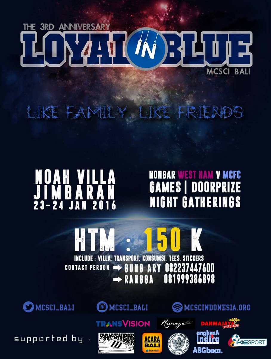 MCSCI_BALI's tweet photo. 3rd ANNIVERSARY
#LOYALinBLUE
@MCFC @mcfcindo @INA_Citizens @acara_bali @IkieSport @transvision_bal @Lokasi_Nobar https://t.co/yfR45hvtgz
