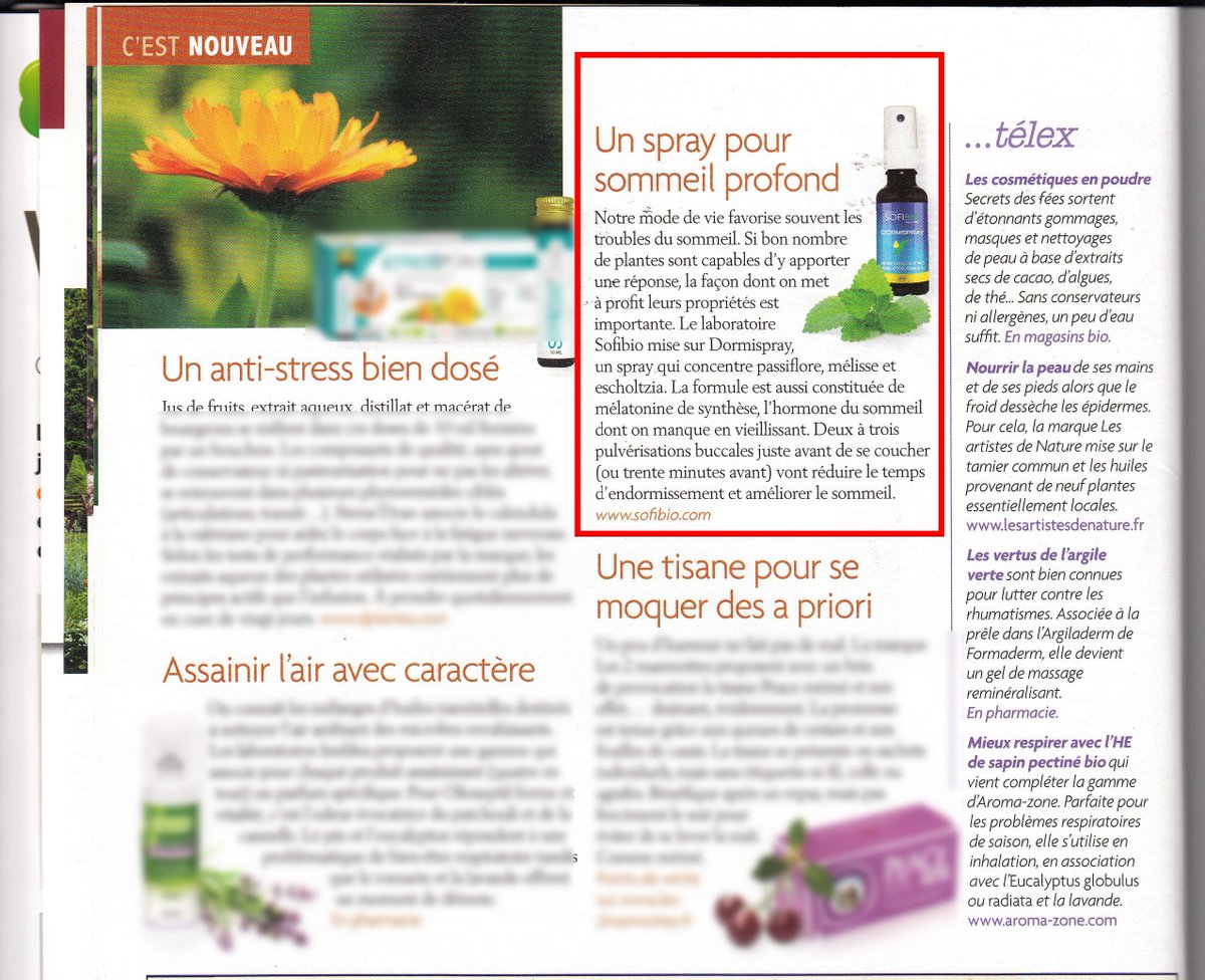Sofibio's tweet photo. La presse en parle : Notre Dormispray sélection du mois #plantesetsanté #sofibio #dormispray https://t.co/OY2lbT4Mth
