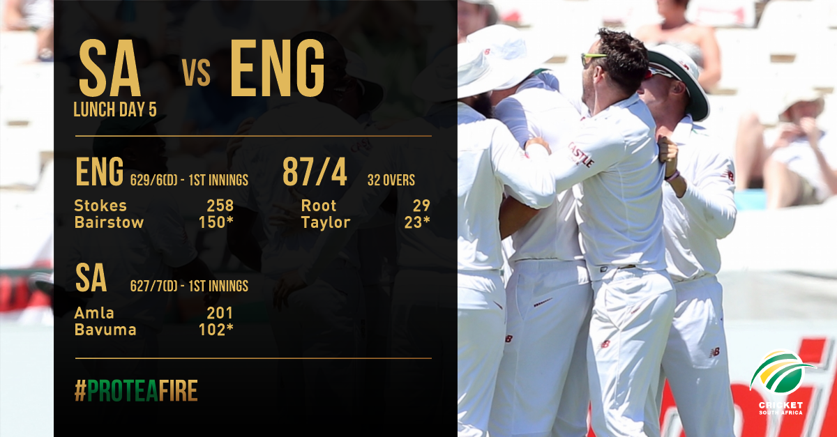 ProteasMenCSA's tweet photo. It's lunch on Day 5. Each Protea bowler has picked up a wicket. #ProteaFire https://t.co/dtk39whIws