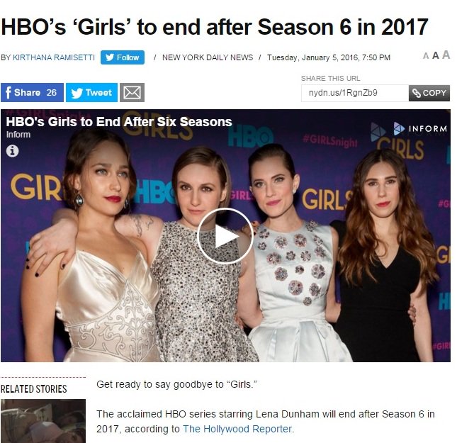 Lifegagmagazine's tweet photo. #TV
#HBOGirls to end after #Season6 in 2017
#HBO #Girls #Latest #BreakingNews #TVseries #tvstreams #streaming https://t.co/AlXbGstyWo
