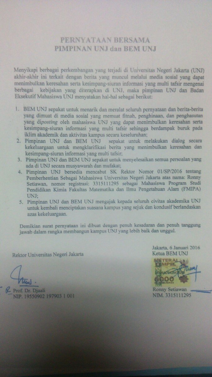 Dakwah_Kampus's tweet photo. Update: SK DO Ronny telah dicabut! Berikut surat pernyataan pihak kampus dan BEM UNJ. #SaveRonny #SaveUNJ https://t.co/UzY4p7BN3X