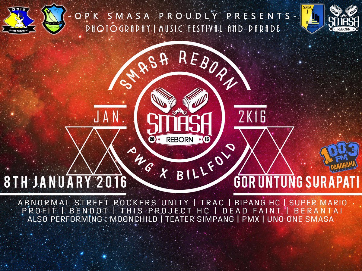 TODAY!
SMASA REBORN di GOR Untung Suropati | special performance @billfoldx &amp; <a href="/PWGofficial/">Pee Wee Gaskins</a> | Info <a href="/smasareborn2k15/">SMASA REBORN 2015</a>